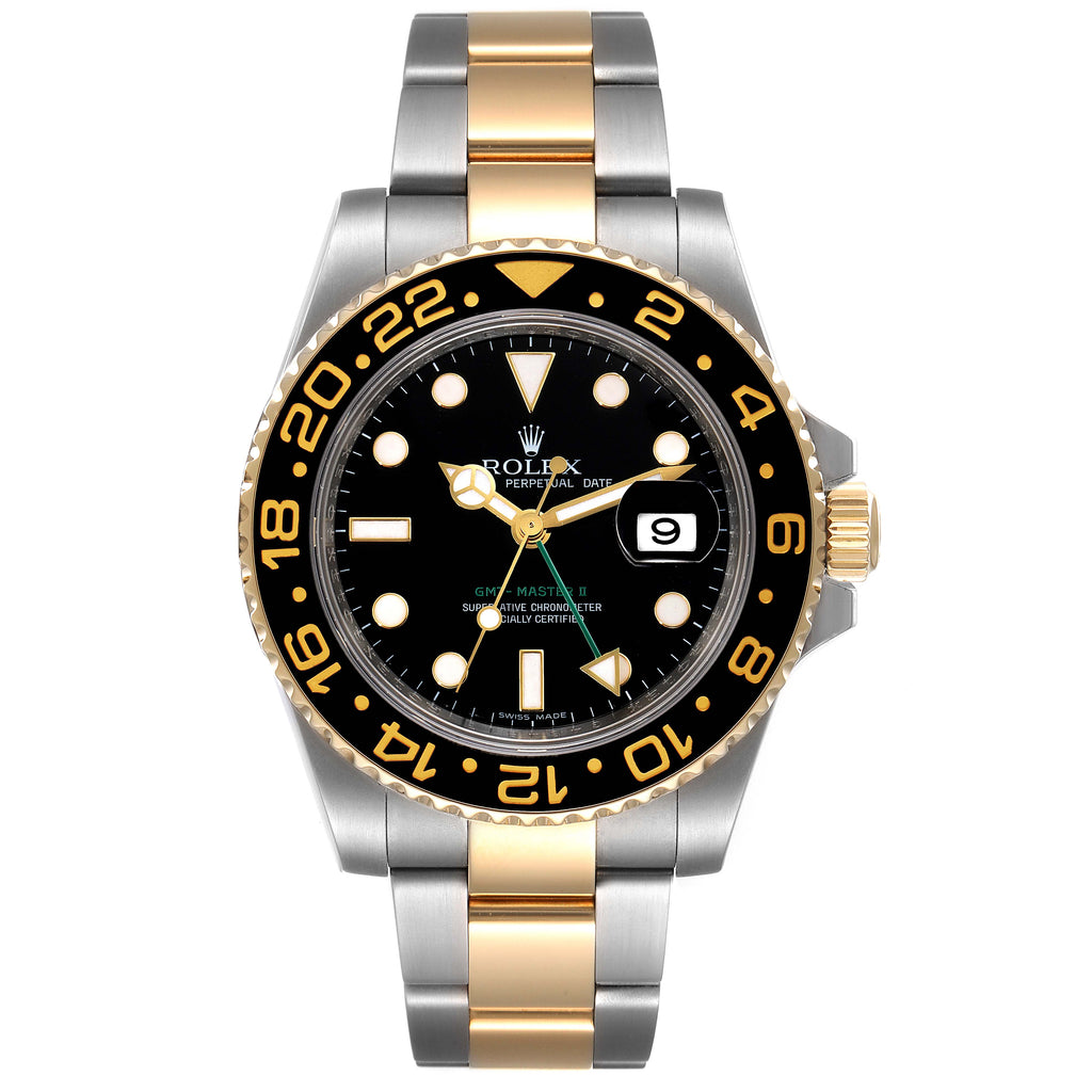 Rolex GMT Master II Yellow Gold Steel Black Dial Mens Watch 116713
