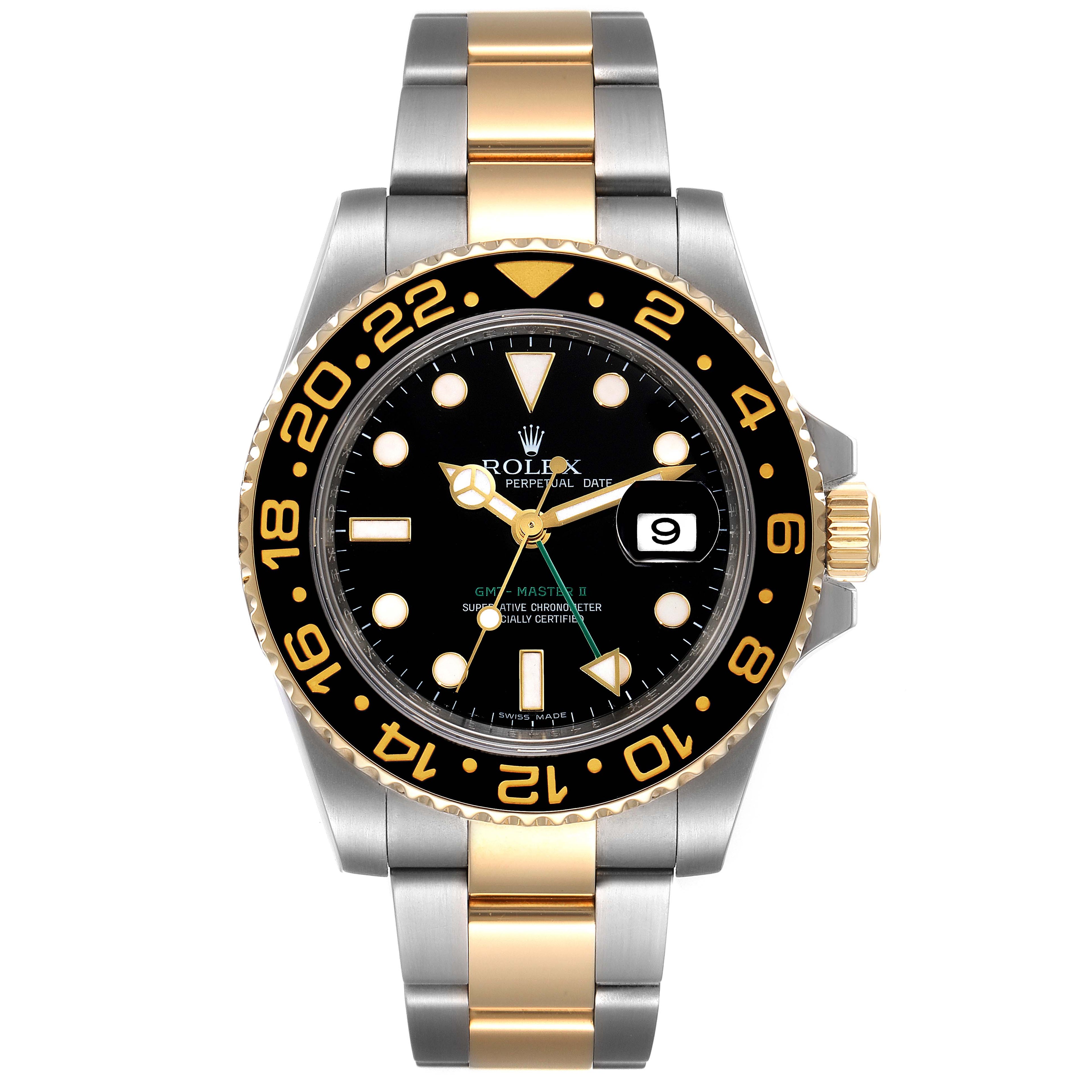 Rolex GMT Master II Yellow Gold Steel Black Dial Mens Watch 116713