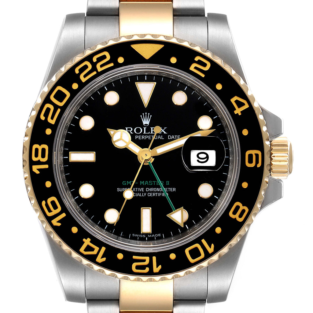 Rolex GMT Master II Yellow Gold Steel Black Dial Mens Watch 116713