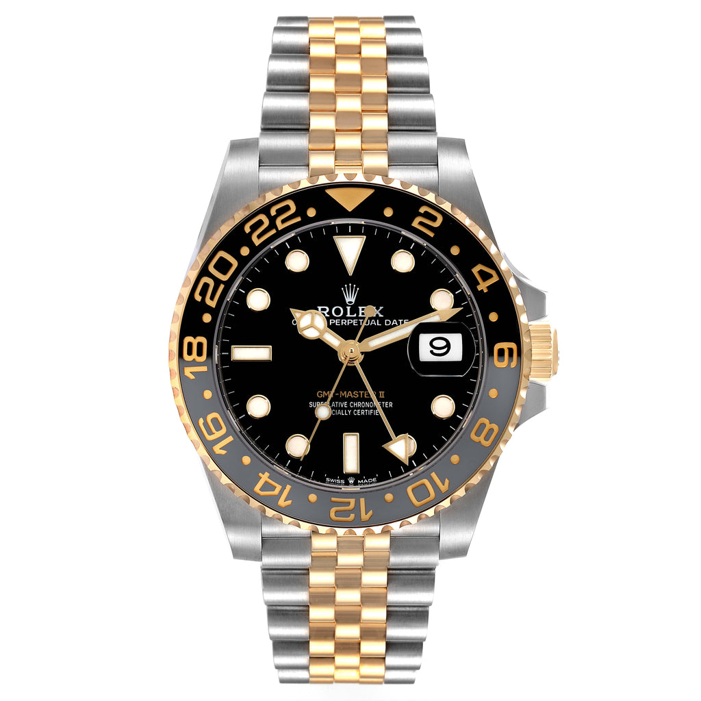 Rolex GMT Master II Yellow Gold Steel Black Grey Bezel Mens Watch 126713