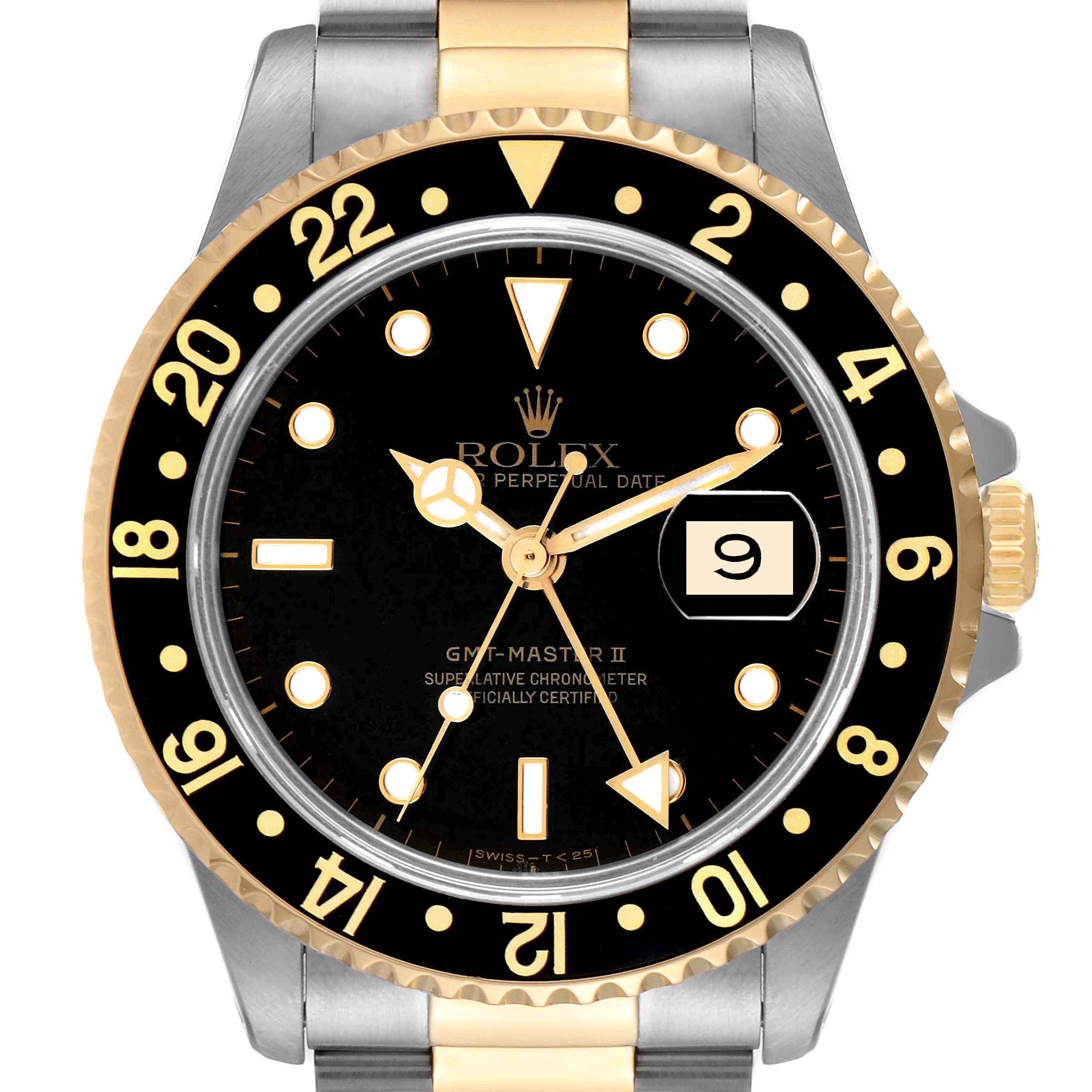 Rolex GMT Master II Yellow Gold Steel Oyster Bracelet Mens Watch 16713 Box Papers