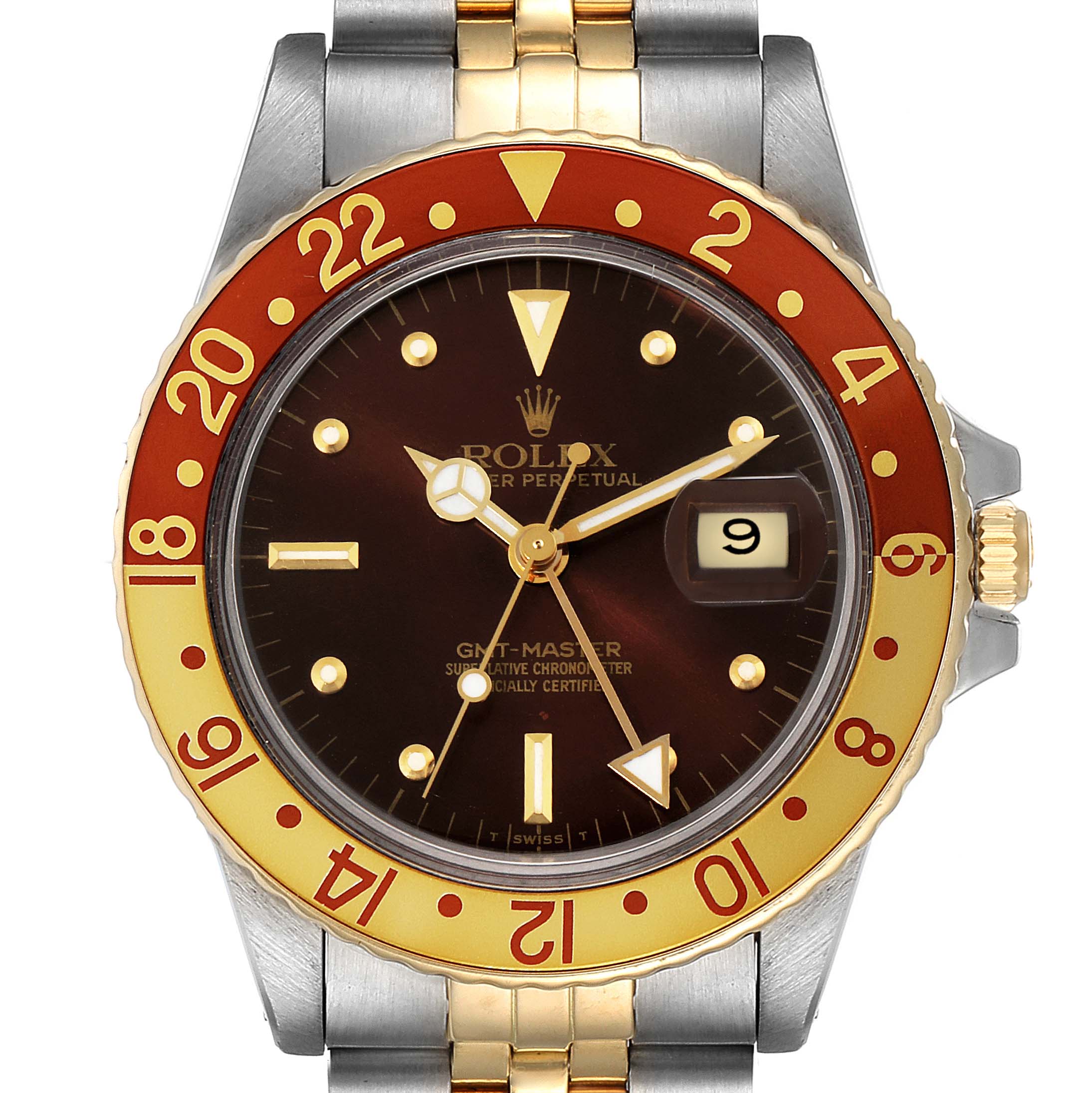 Rolex GMT Master Rootbeer Yellow Gold Steel Nipple Dial Vintage Watch 16753