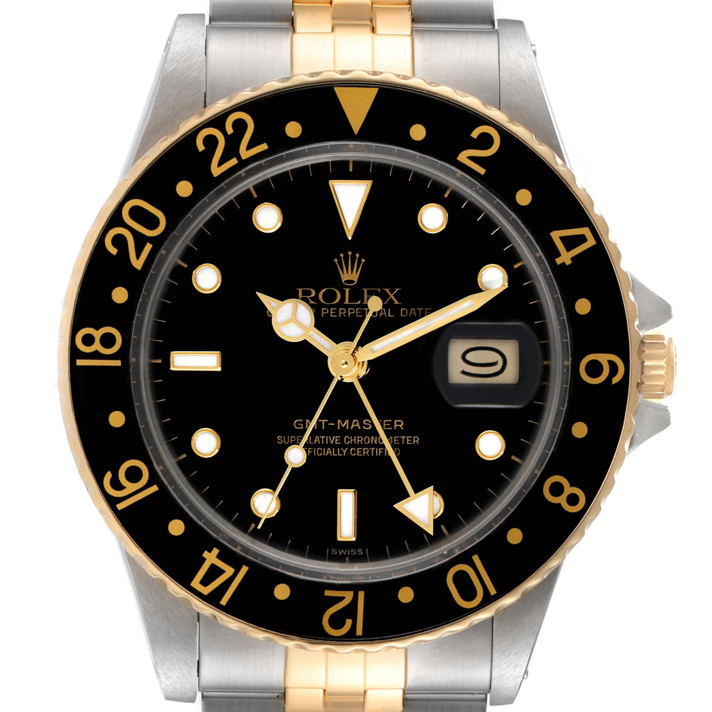Rolex GMT Master Steel Yellow Gold Black Dial Vintage Watch 16753 Box Papers