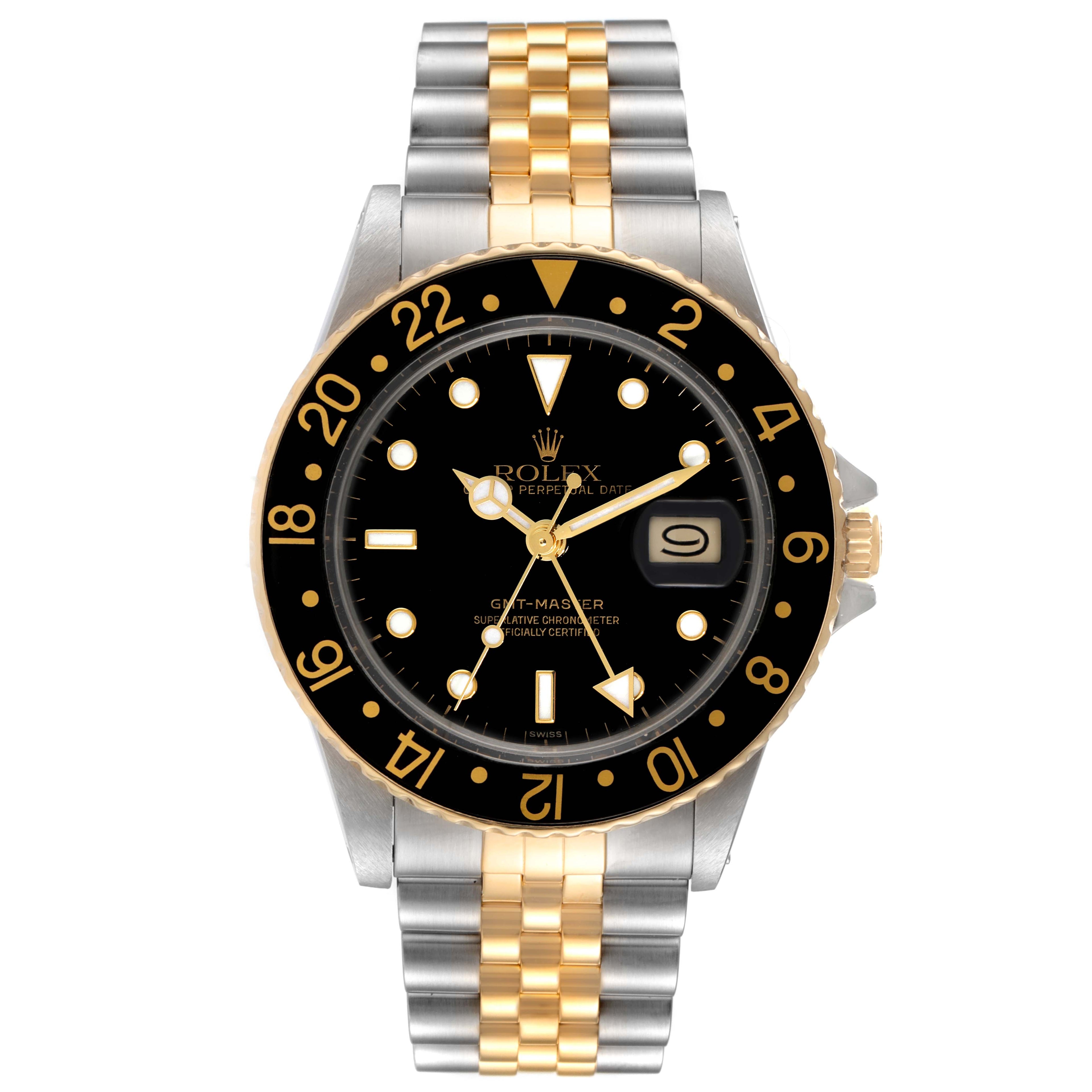 Rolex GMT Master Steel Yellow Gold Black Dial Vintage Watch 16753 Box Papers