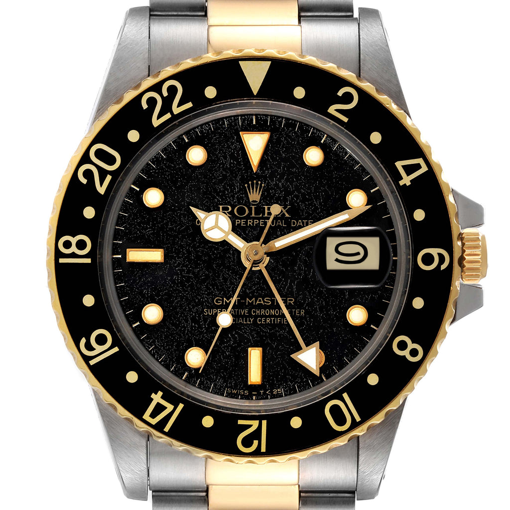 Rolex GMT Master Steel Yellow Gold Black Frosted Dial Vintage Watch 16753