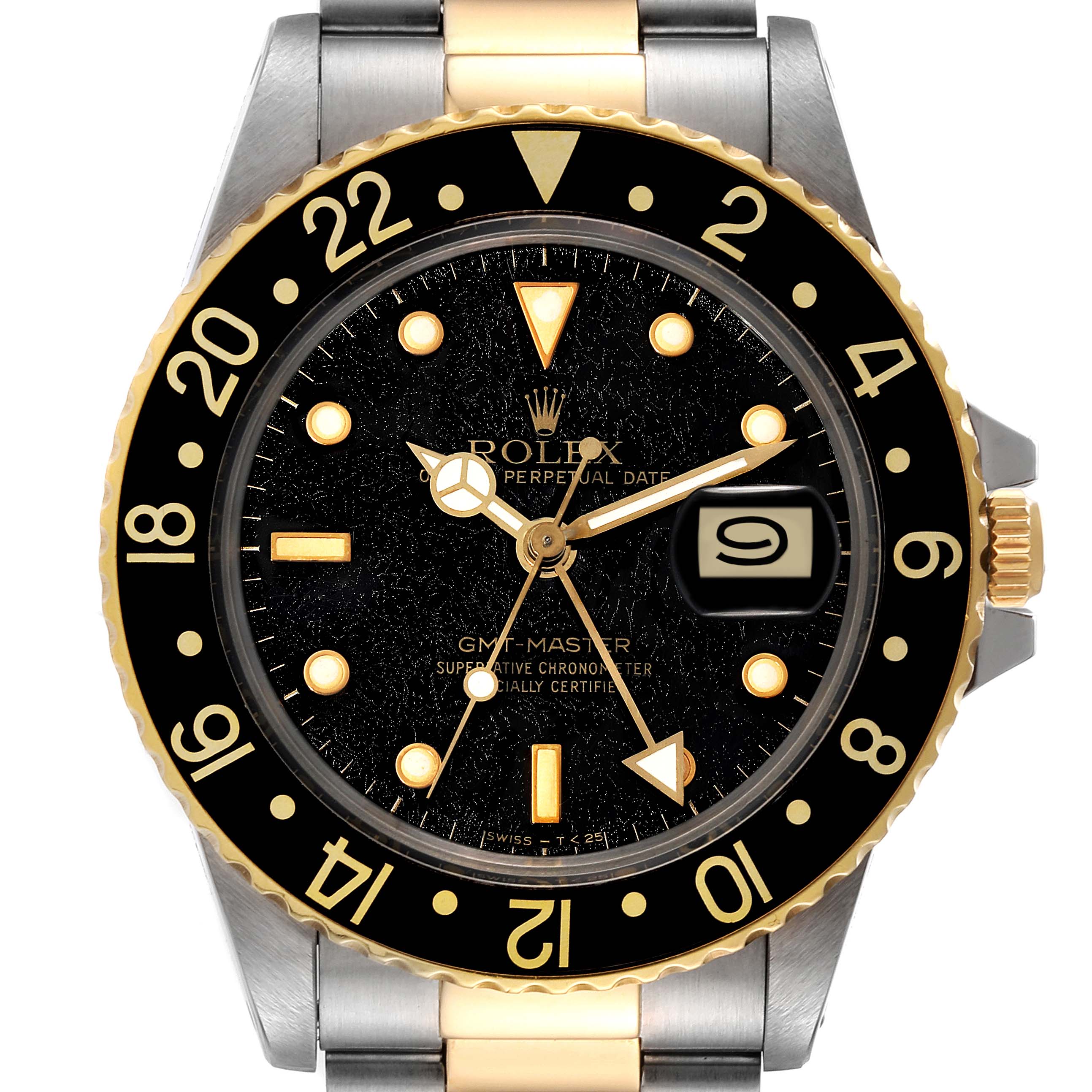 Rolex GMT Master Steel Yellow Gold Black Frosted Dial Vintage Watch 16753