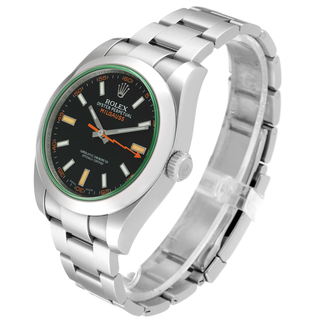 Rolex Milgauss Black Dial Green Crystal Steel Mens Watch 116400GV Box Card