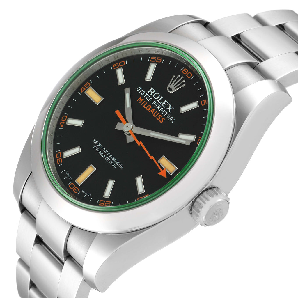 Rolex Milgauss Black Dial Green Crystal Steel Mens Watch 116400GV Box Card
