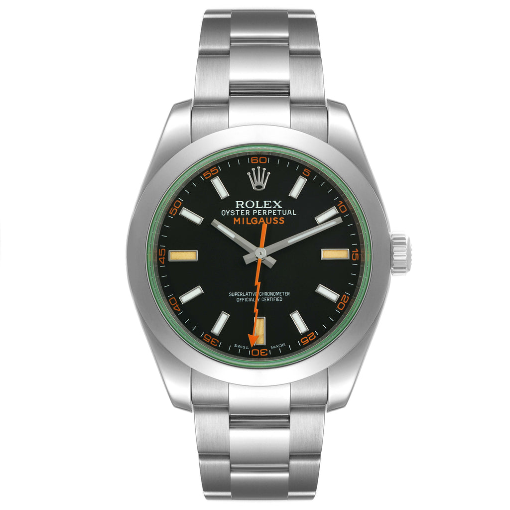 Rolex Milgauss Black Dial Green Crystal Steel Mens Watch 116400GV Box Card