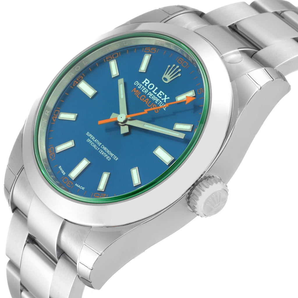 Rolex Milgauss Blue Dial Green Crystal Steel Mens Watch 116400GV Unworn