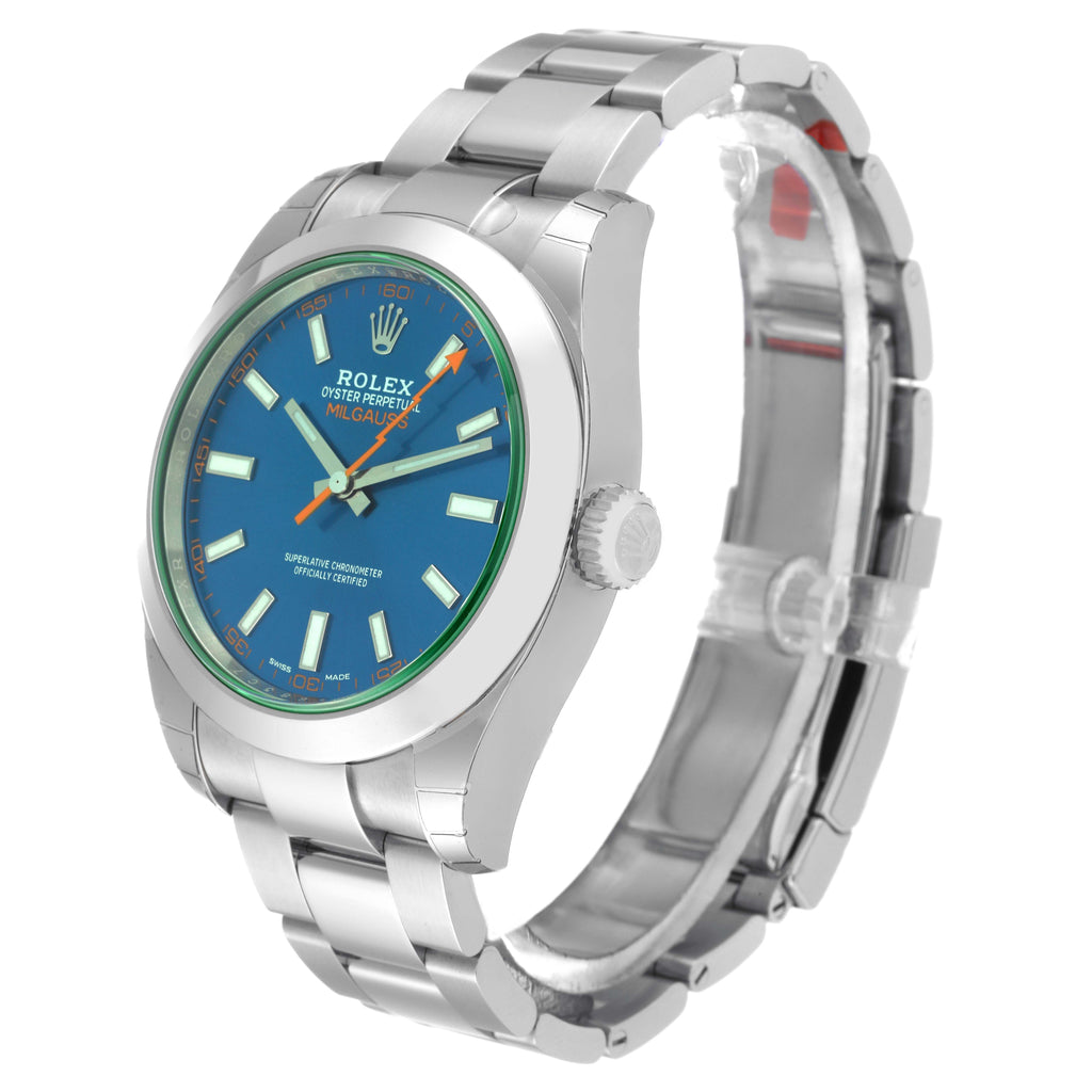 Rolex Milgauss Blue Dial Green Crystal Steel Mens Watch 116400GV Unworn