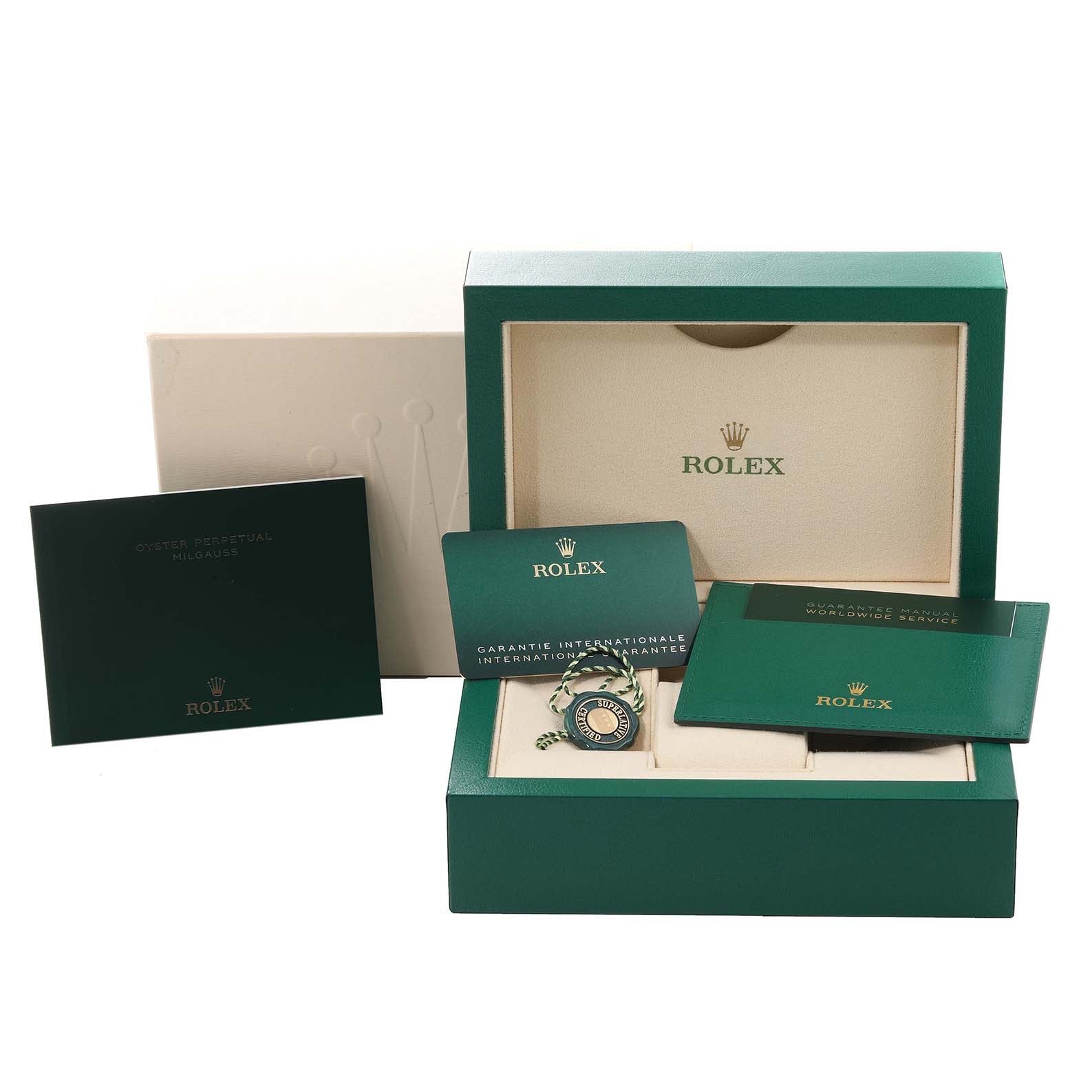 Rolex Milgauss Blue Dial Green Crystal Steel Mens Watch 116400GV Unworn