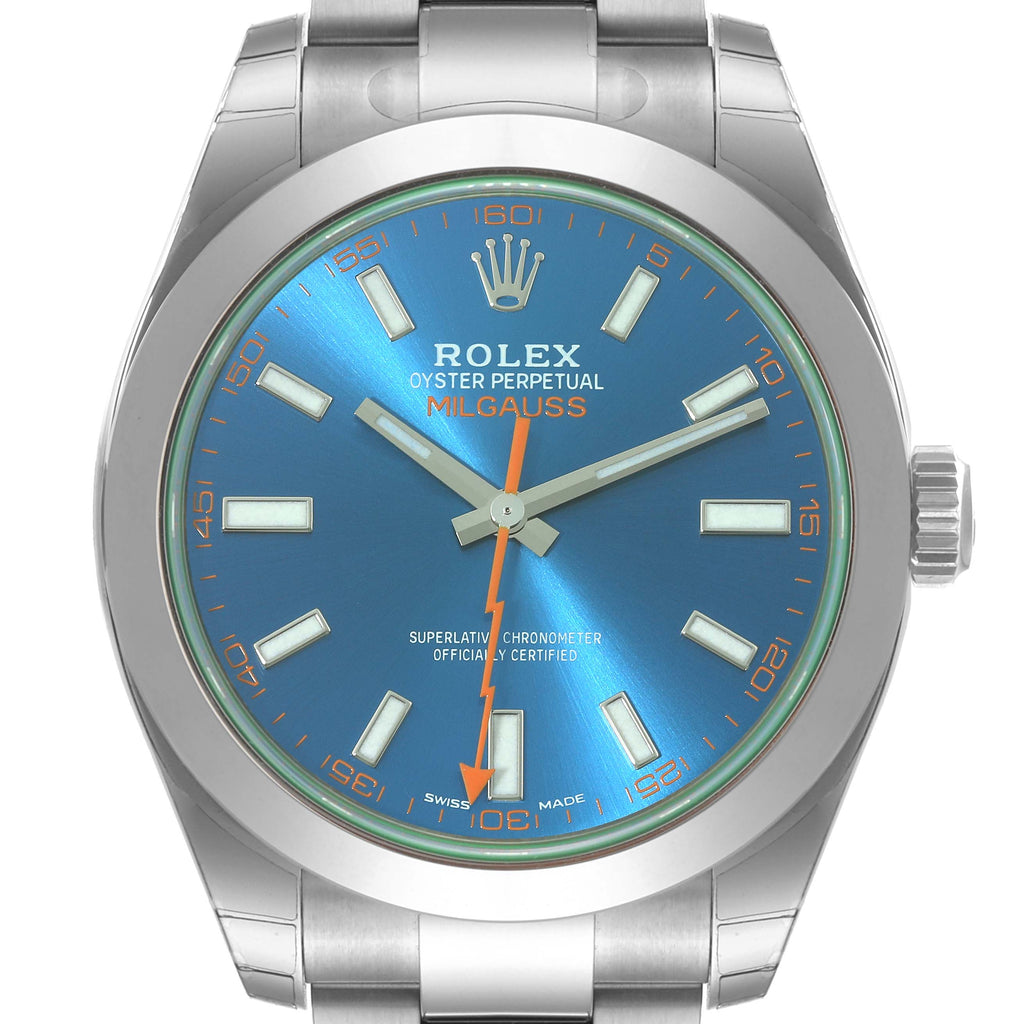 Rolex Milgauss Blue Dial Green Crystal Steel Mens Watch 116400GV Unworn