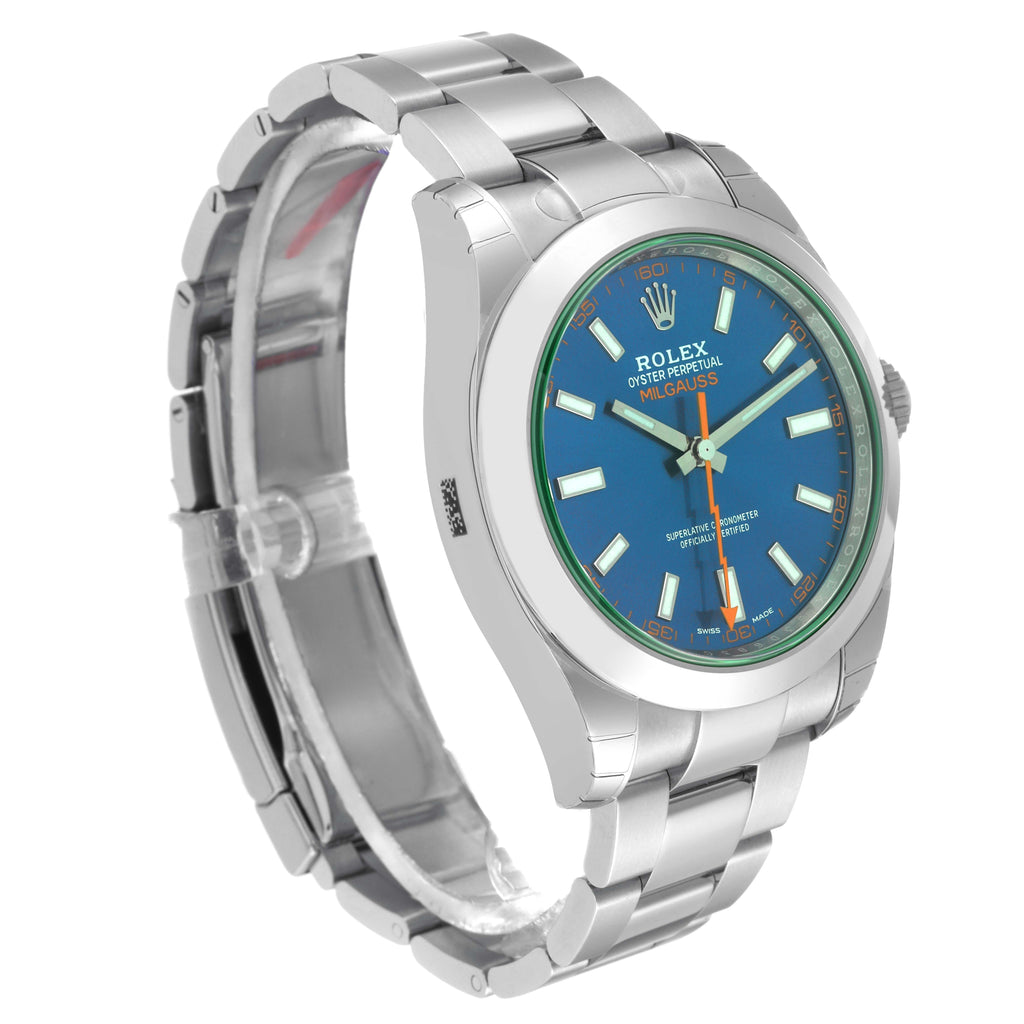 Rolex Milgauss Blue Dial Green Crystal Steel Mens Watch 116400GV Unworn