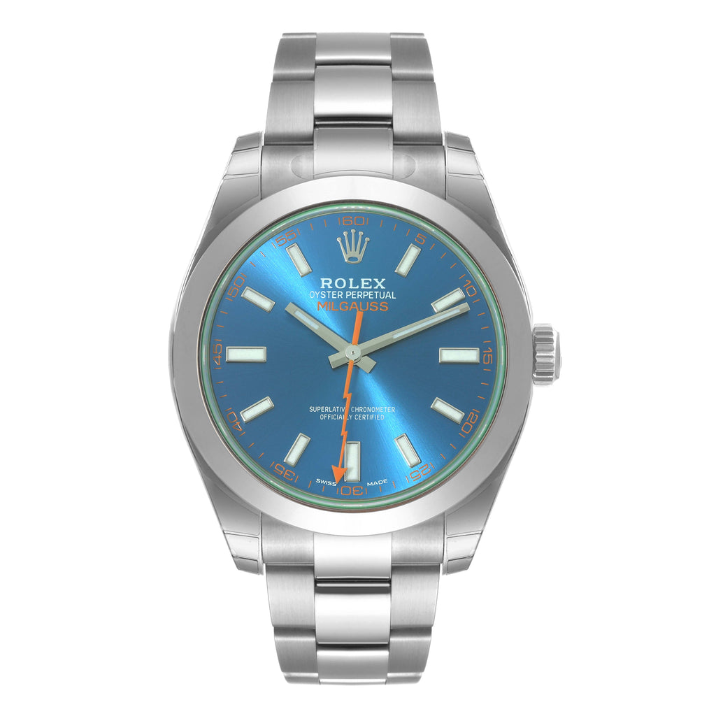 Rolex Milgauss Blue Dial Green Crystal Steel Mens Watch 116400GV Unworn
