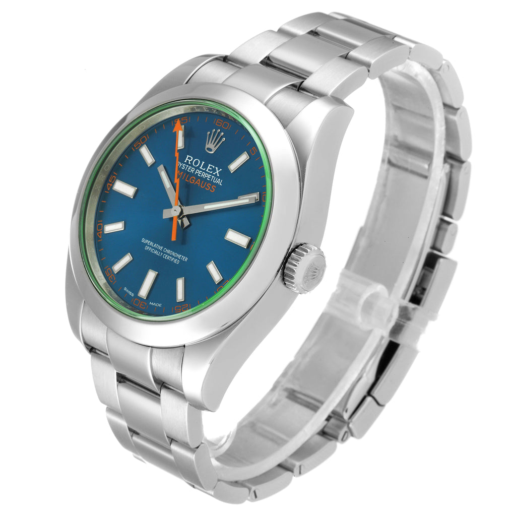 Rolex Milgauss Steel Blue Dial Green Crystal Mens Watch 116400