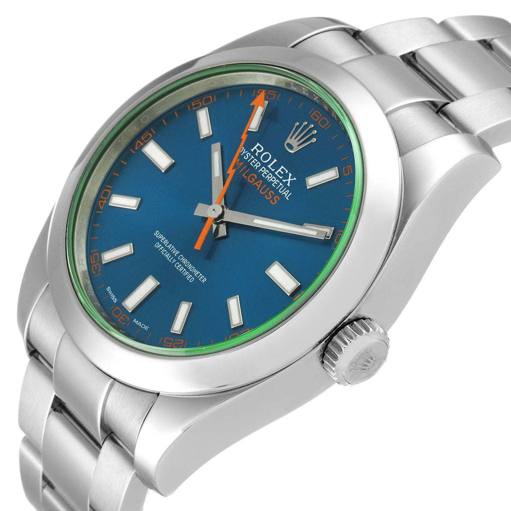 Rolex Milgauss Steel Blue Dial Green Crystal Mens Watch 116400