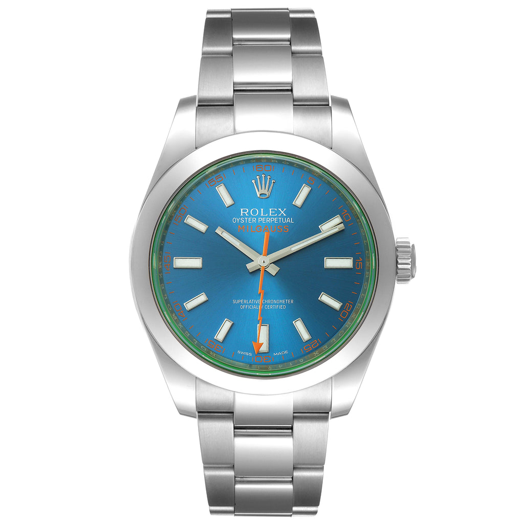 Rolex Milgauss Steel Blue Dial Green Crystal Mens Watch 116400