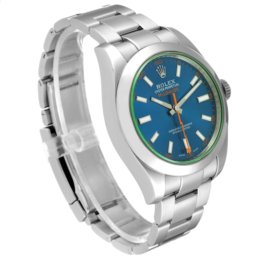 Rolex Milgauss Steel Blue Dial Green Crystal Mens Watch 116400