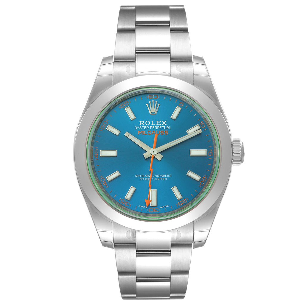Rolex Milgauss Steel Blue Dial Green Crystal Mens Watch 116400 Unworn