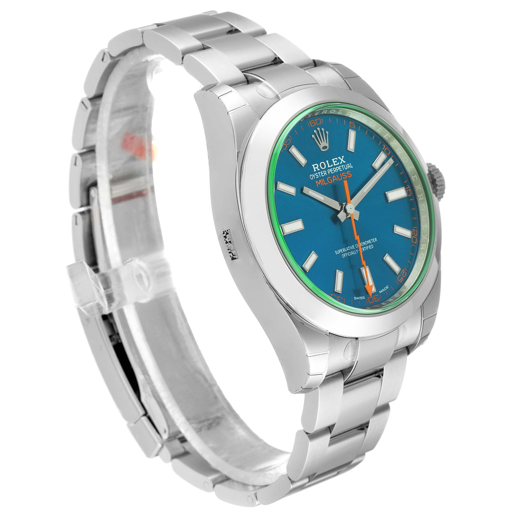 Rolex Milgauss Steel Blue Dial Green Crystal Mens Watch 116400 Unworn