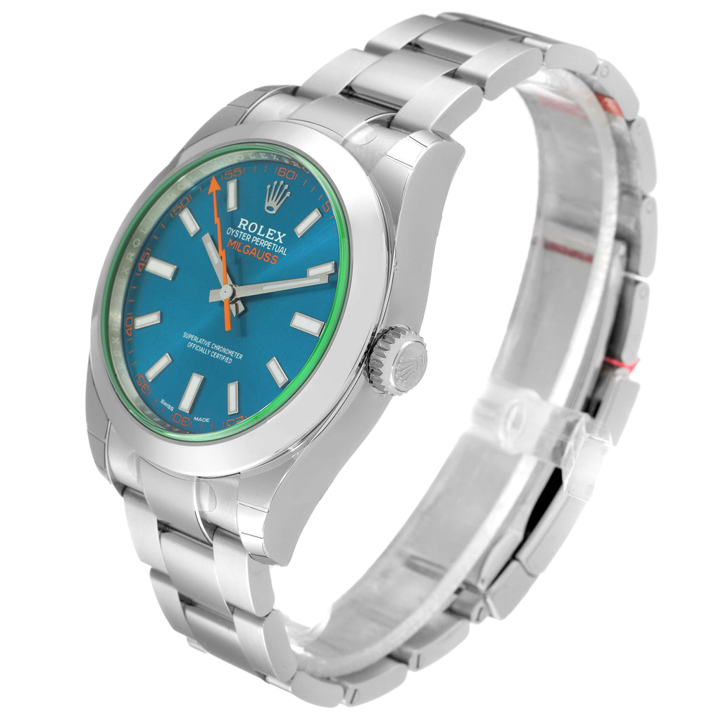 Rolex Milgauss Steel Blue Dial Green Crystal Mens Watch 116400 Unworn