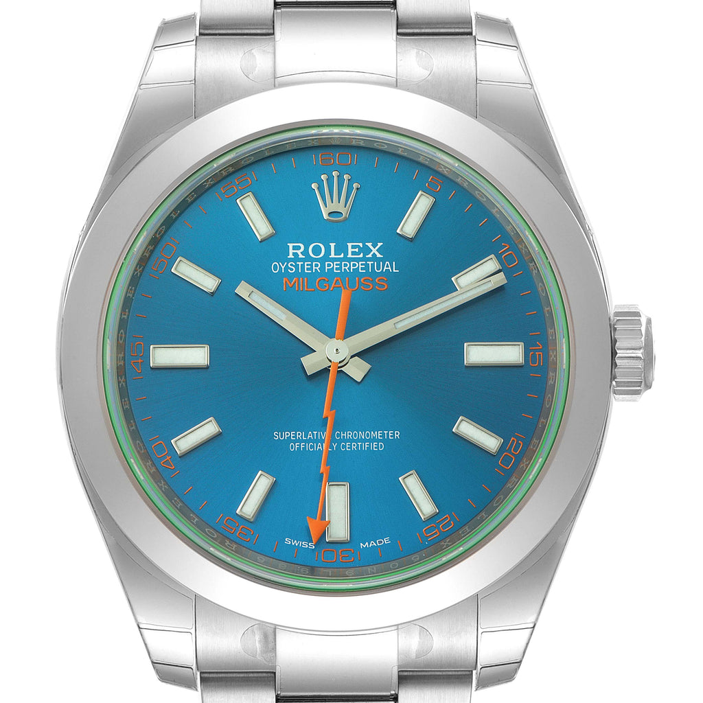 Rolex Milgauss Steel Blue Dial Green Crystal Mens Watch 116400 Unworn