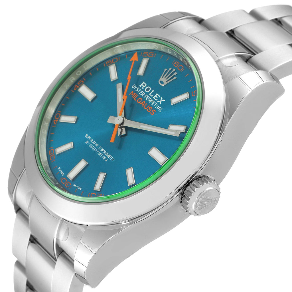 Rolex Milgauss Steel Blue Dial Green Crystal Mens Watch 116400 Unworn