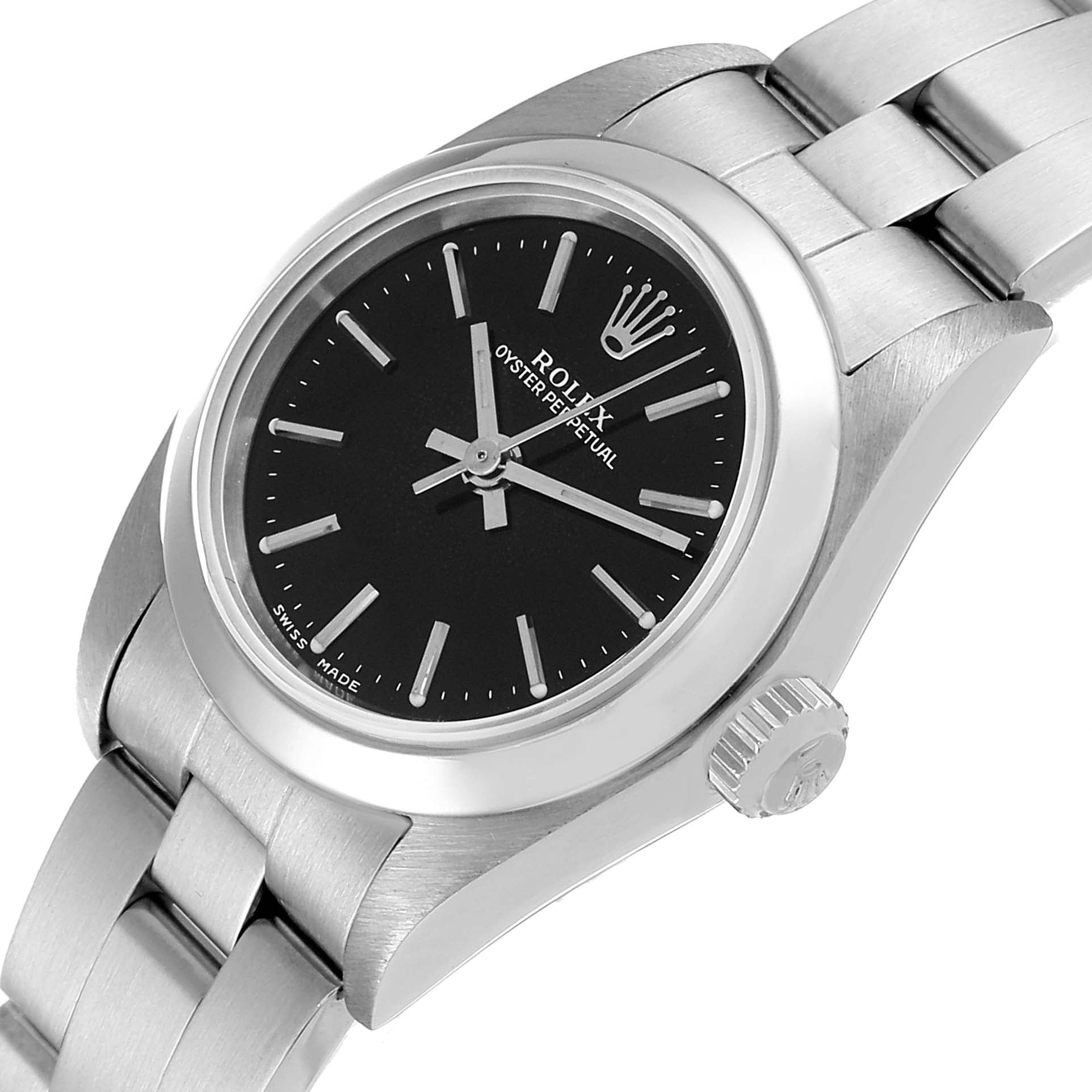 Rolex Oyster Perpetual 24mm Black Dial Steel Ladies Watch 76080 Box Papers