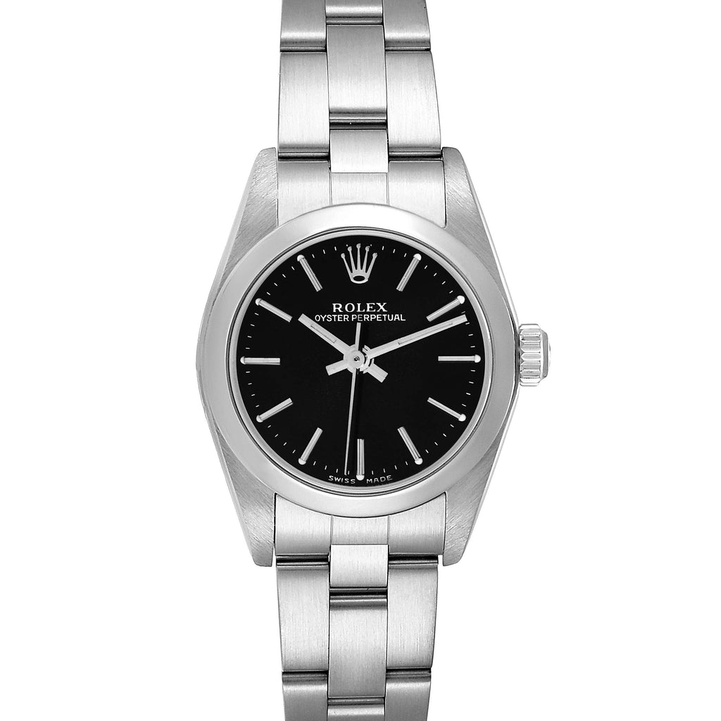 Rolex Oyster Perpetual 24mm Black Dial Steel Ladies Watch 76080 Box Papers