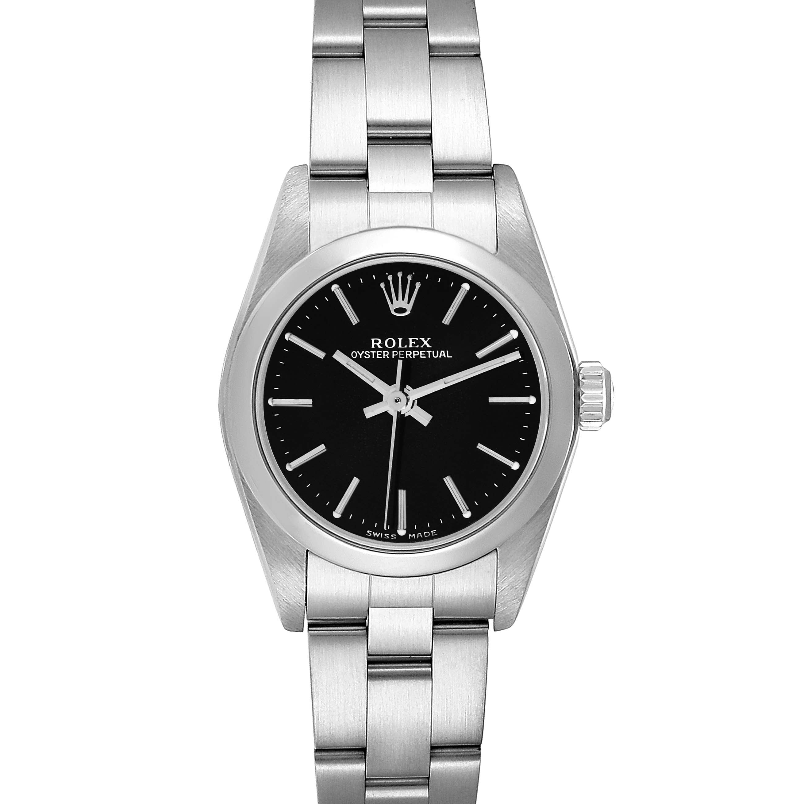 Rolex Oyster Perpetual 24mm Black Dial Steel Ladies Watch 76080 Box Papers