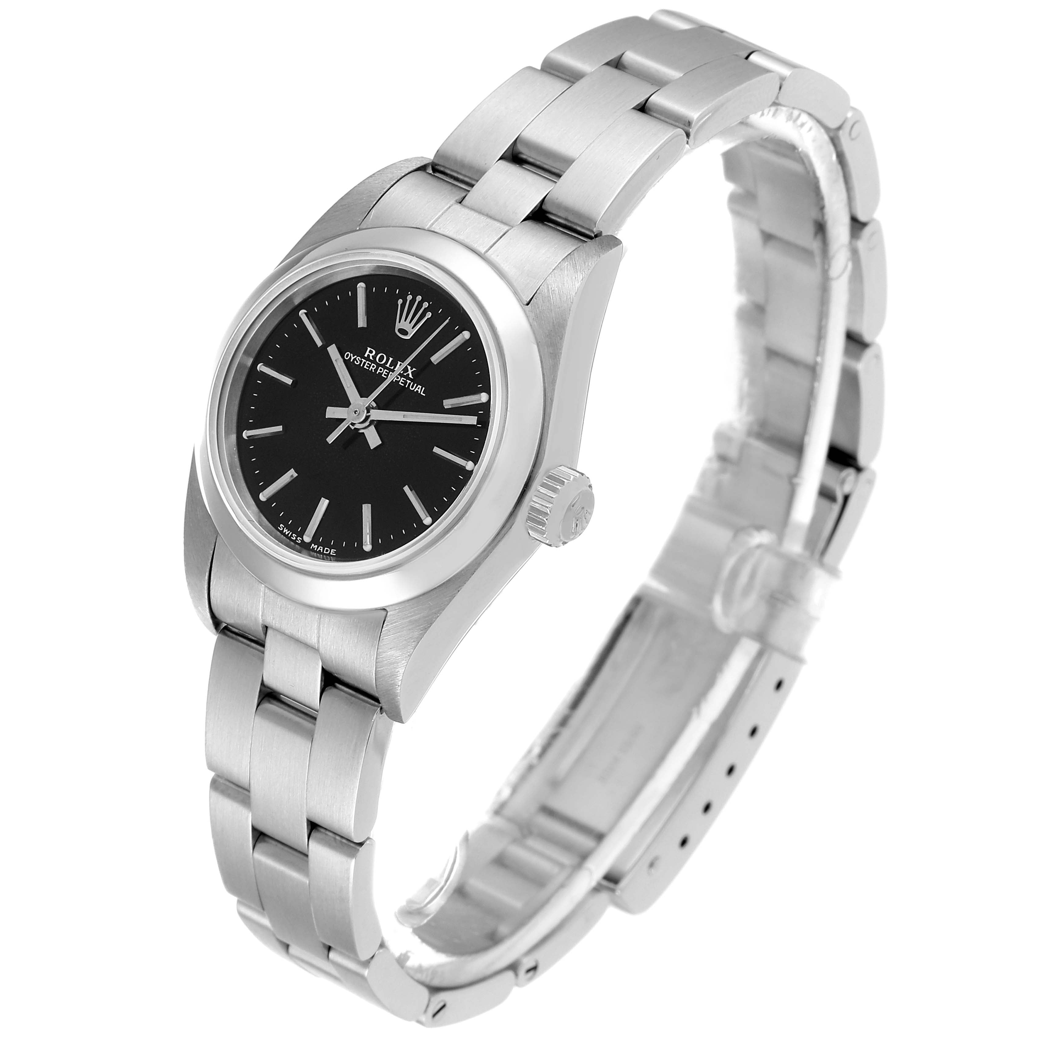 Rolex Oyster Perpetual 24mm Black Dial Steel Ladies Watch 76080 Box Papers