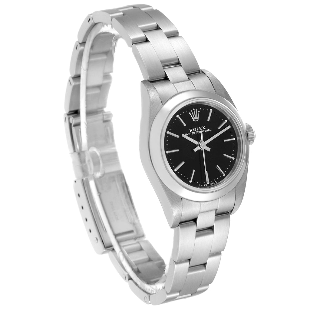 Rolex Oyster Perpetual 24mm Black Dial Steel Ladies Watch 76080 Box Papers