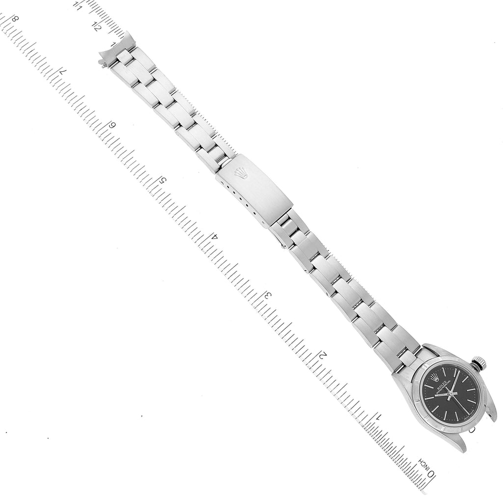 Rolex Oyster Perpetual 24mm Engine Turned Bezel Black Dial Ladies Watch 76030