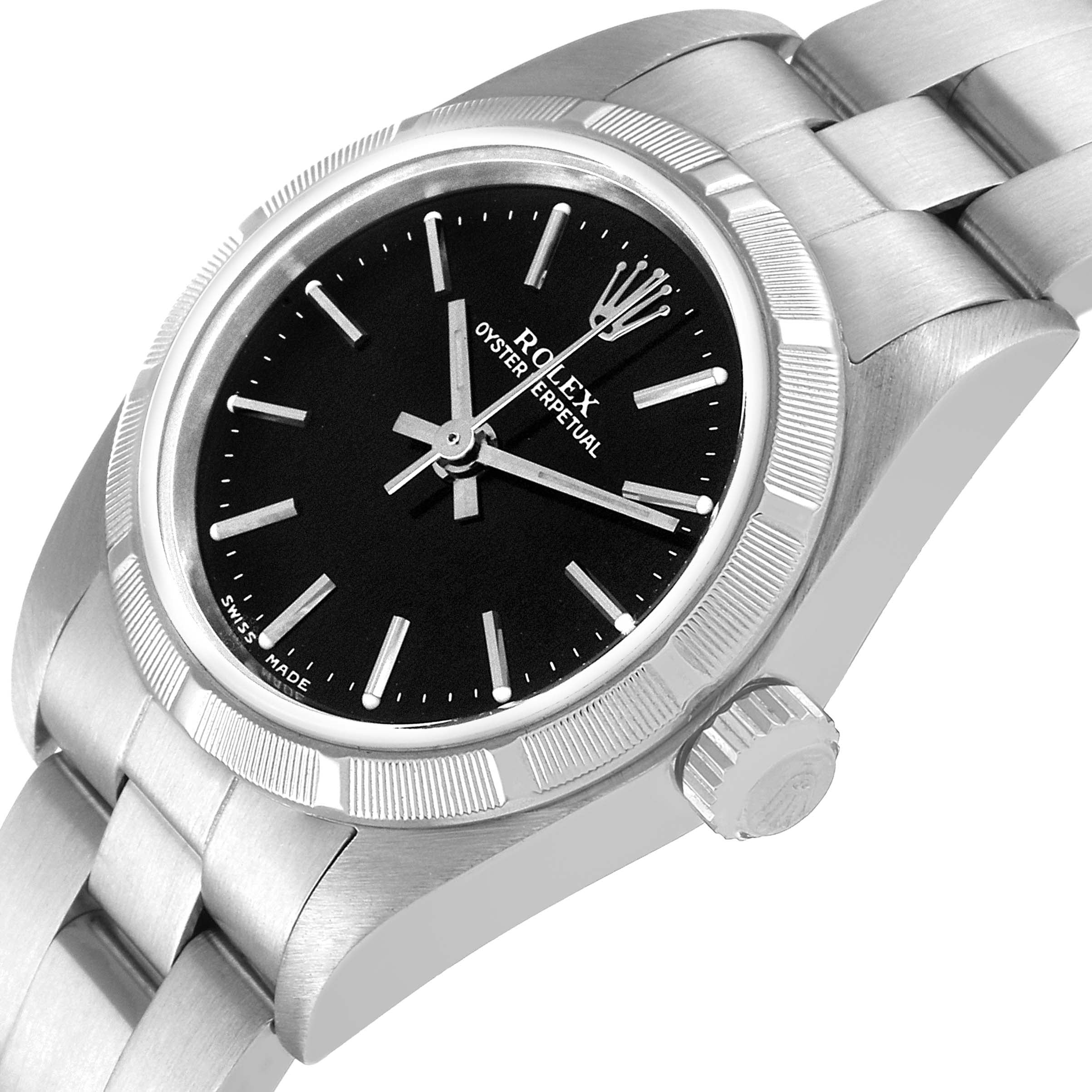 Rolex Oyster Perpetual 24mm Engine Turned Bezel Black Dial Ladies Watch 76030
