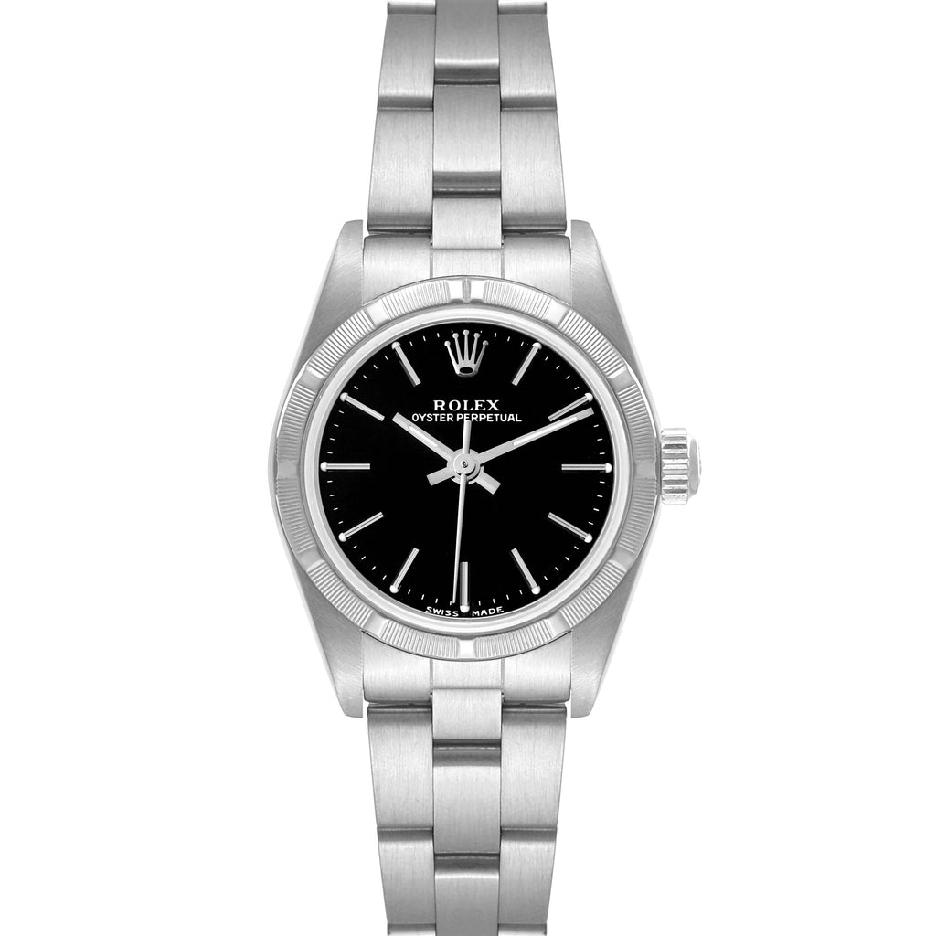 Rolex Oyster Perpetual 24mm Engine Turned Bezel Black Dial Ladies Watch 76030