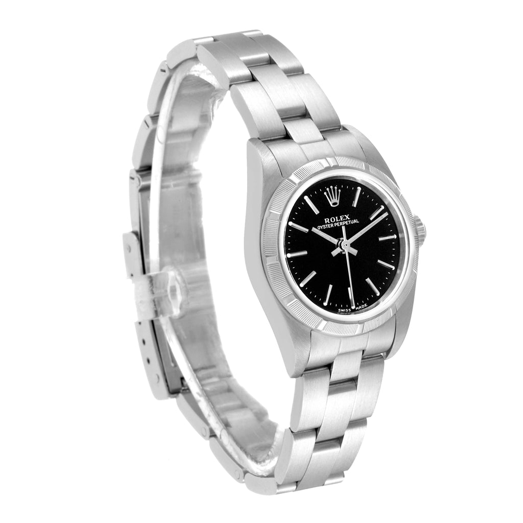 Rolex Oyster Perpetual 24mm Engine Turned Bezel Black Dial Ladies Watch 76030