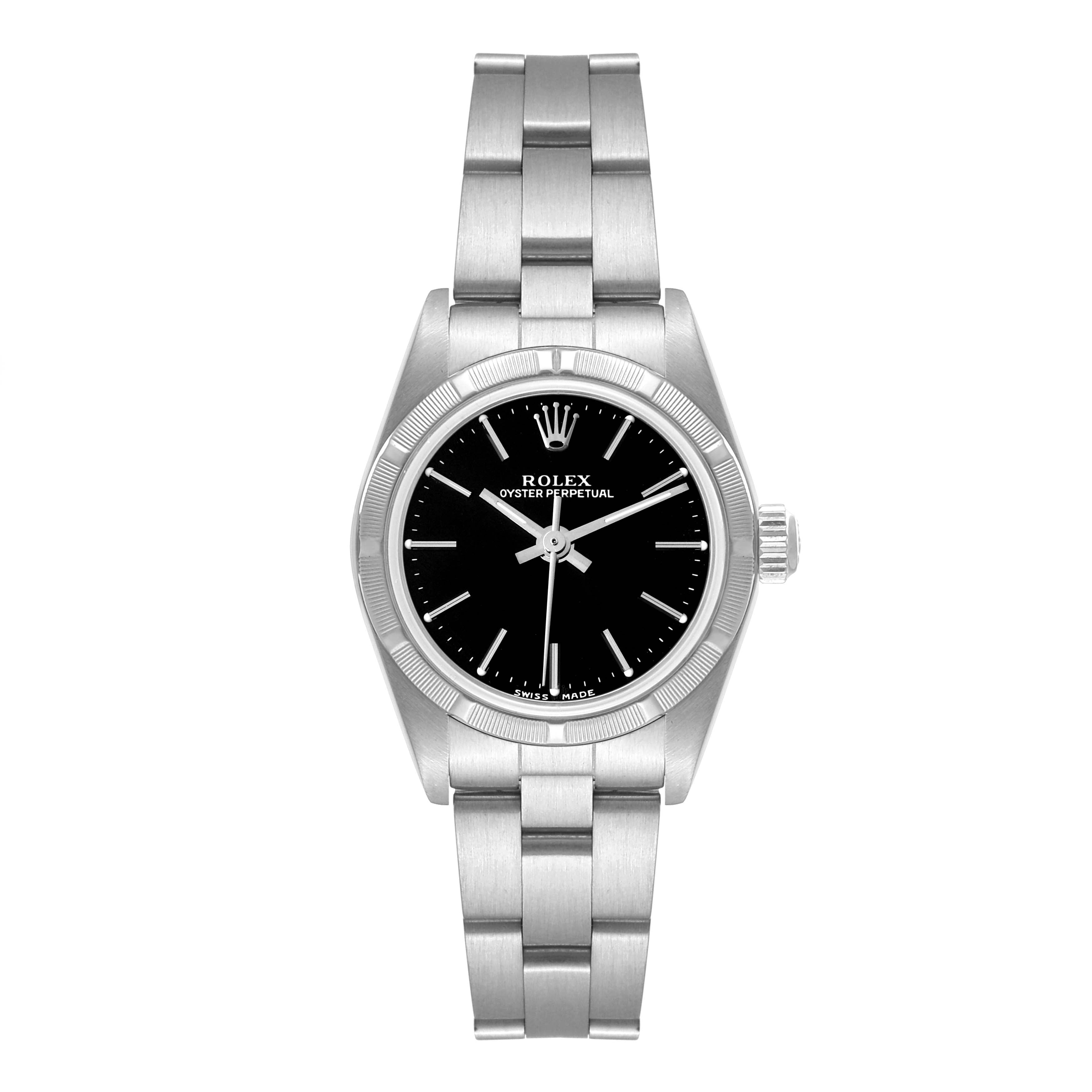 Rolex Oyster Perpetual 24mm Engine Turned Bezel Black Dial Ladies Watch 76030