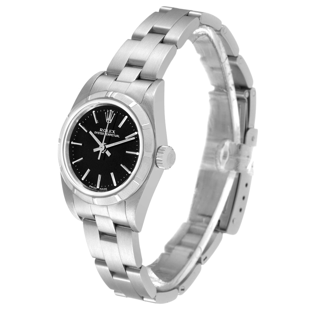 Rolex Oyster Perpetual 24mm Engine Turned Bezel Black Dial Ladies Watch 76030