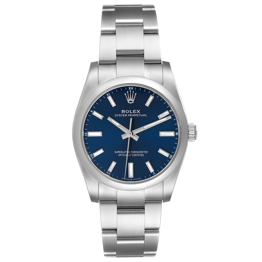Rolex Oyster Perpetual 34mm Blue Dial Steel Mens Watch 124200 Unworn