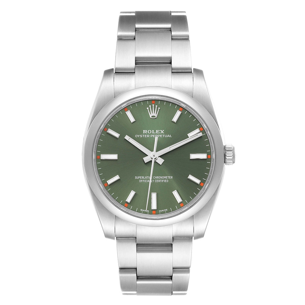 Rolex Oyster Perpetual 34mm Olive Green Dial Steel Mens Watch 114200