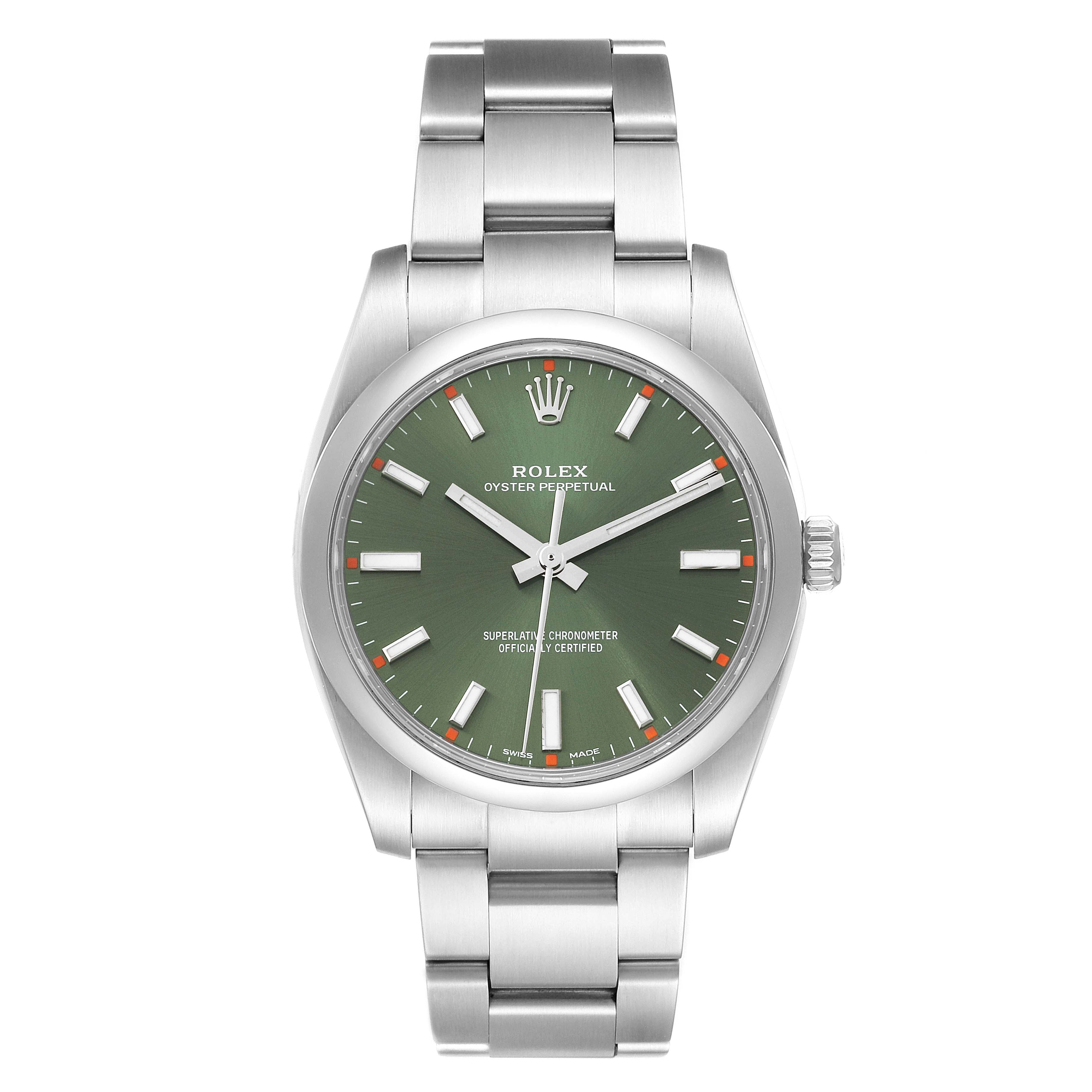Rolex Oyster Perpetual 34mm Olive Green Dial Steel Mens Watch 114200