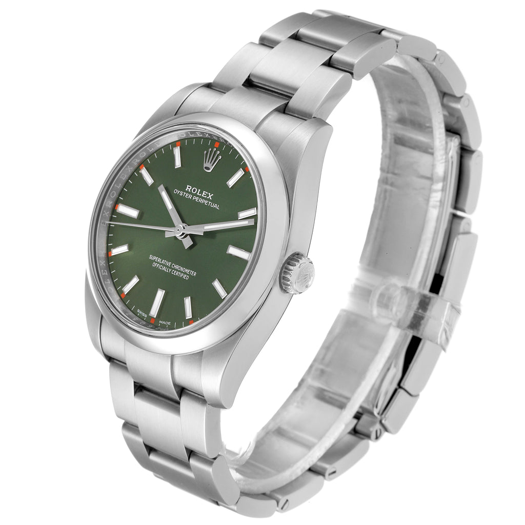 Rolex Oyster Perpetual 34mm Olive Green Dial Steel Watch 114200 Box Card