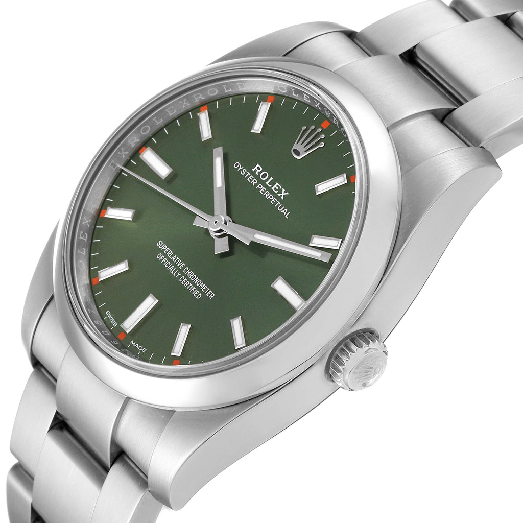 Rolex Oyster Perpetual 34mm Olive Green Dial Steel Watch 114200 Box Card