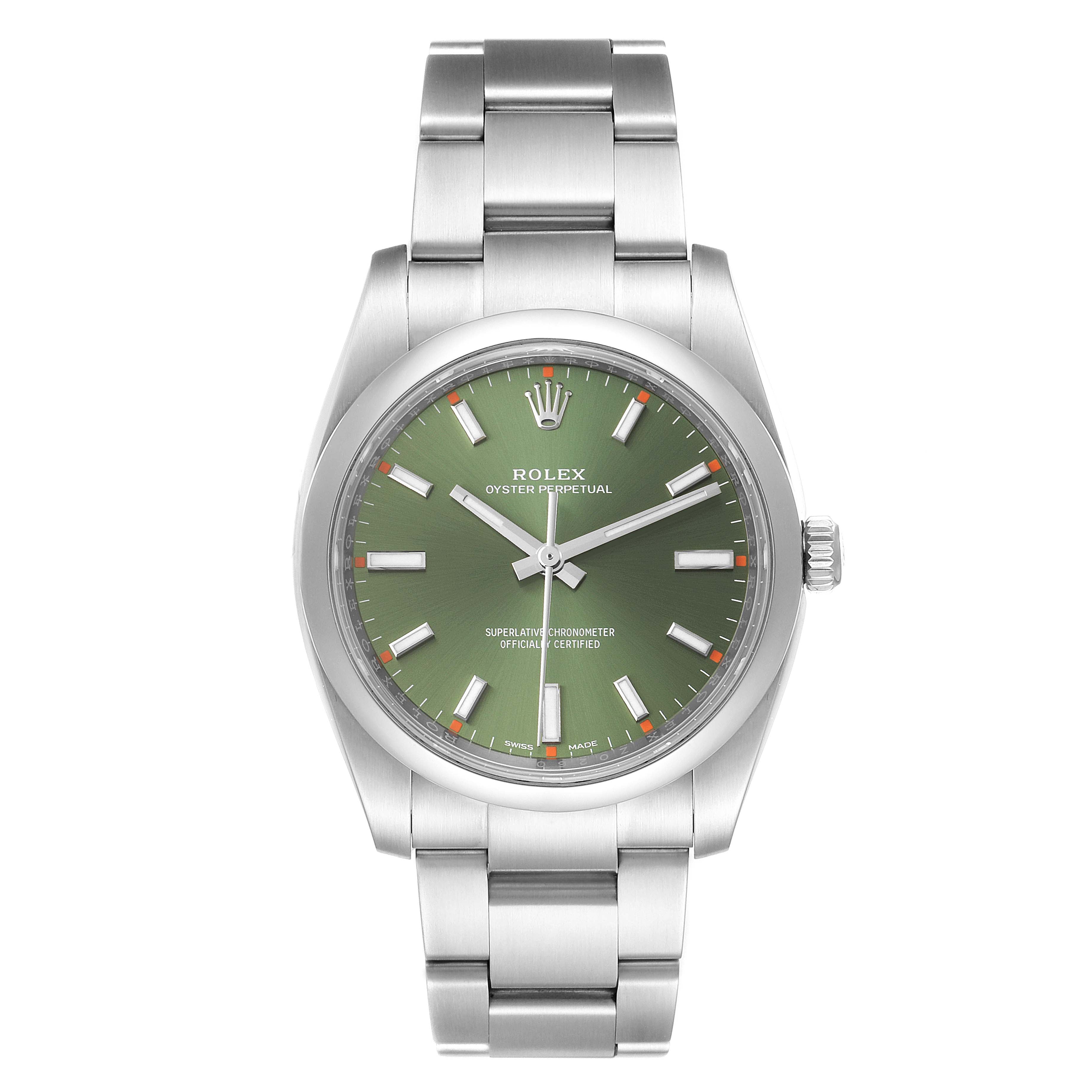 Rolex Oyster Perpetual 34mm Olive Green Dial Steel Watch 114200 Box Card