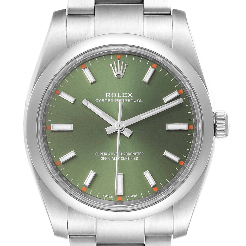 Rolex Oyster Perpetual 34mm Olive Green Dial Steel Watch 114200 Box Card