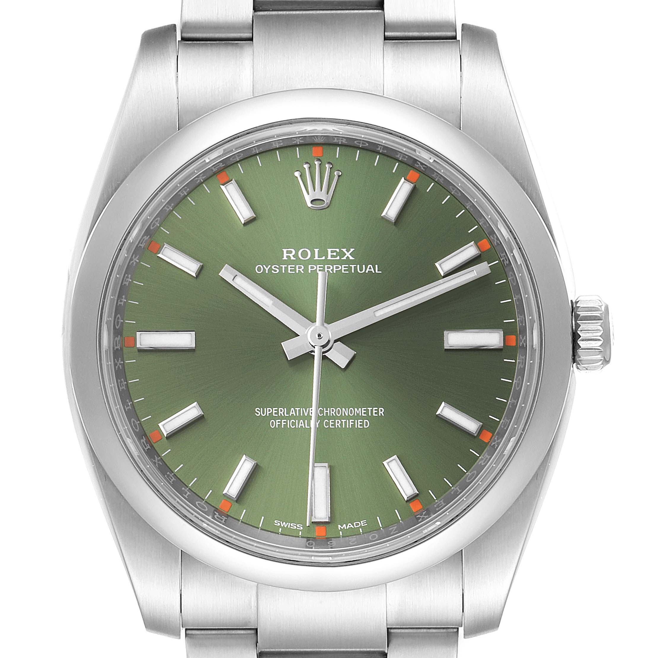 Rolex Oyster Perpetual 34mm Olive Green Dial Steel Watch 114200 Box Card