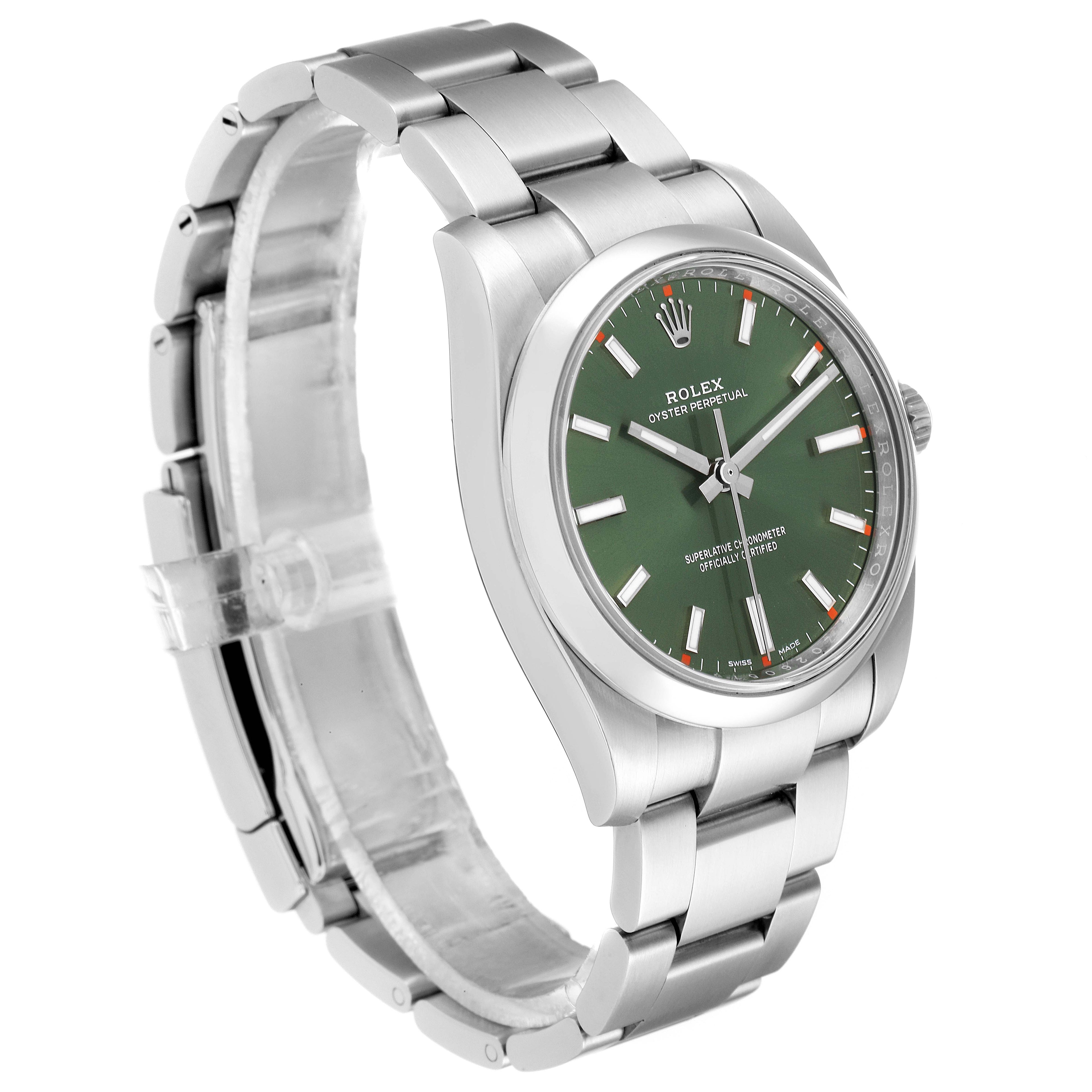 Rolex Oyster Perpetual 34mm Olive Green Dial Steel Watch 114200 Box Card