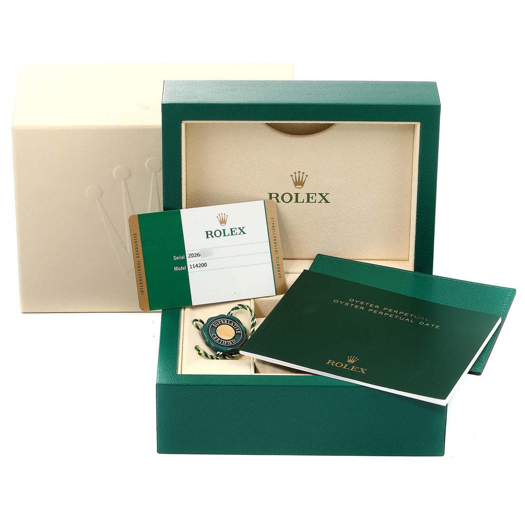 Rolex Oyster Perpetual 34mm Olive Green Dial Steel Watch 114200 Box Card