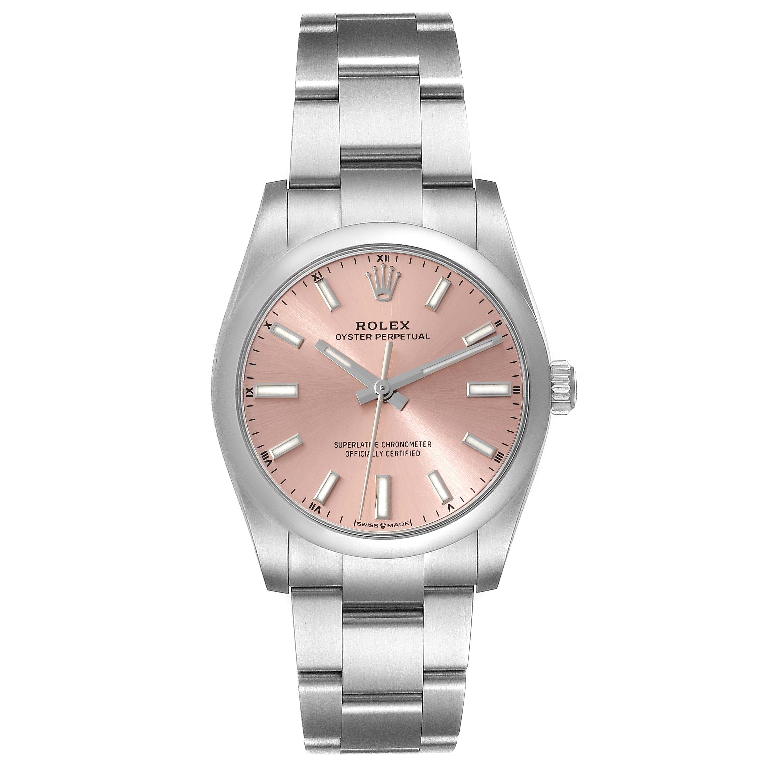 Rolex Oyster Perpetual 34mm Pink Dial Steel Mens Watch 124200 Unworn